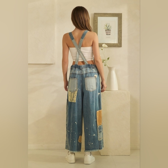 Oli & Hali Blue Denim Patchwork Wide-Leg Overalls - Picture 4 of 4